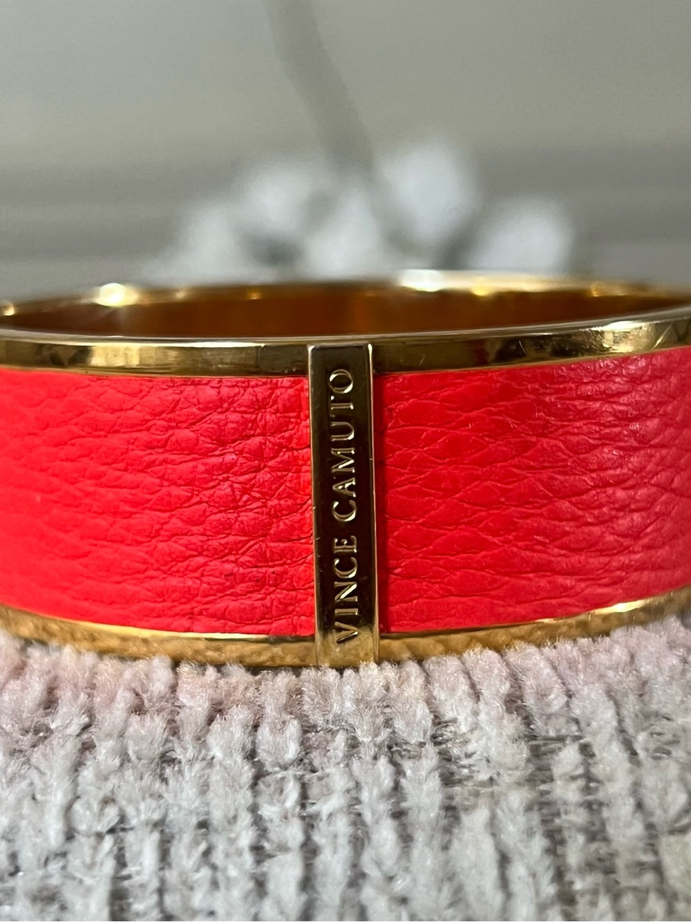 Vince Camuto Neon Coral Pink Leather Gold Tone Cuff Statement Bangle Designer